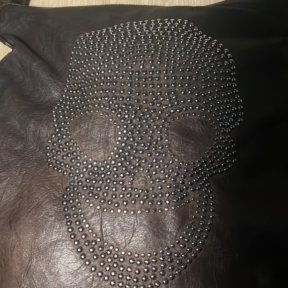 Thomas Wylde Dark Chocolate Leather Bag with Stoned Decorative Skull Head - Picture 2 of 16